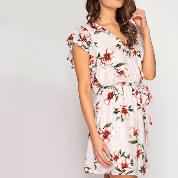 Ruffle Sleeve Floral Striped Surplice Dress - Picture 5 of 9